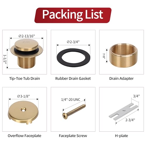 PRIMSOPH Tip-Toe Tub Drain Trim Kit with One Hole Overflow Faceplate Conversion Kit Assembly Universal Fine Coarse Thread Replacement Brushed Gold - color: Brushed Gold, style: One Hole