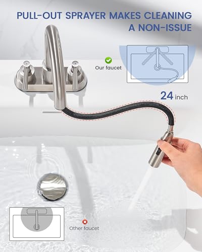 Bathroom Sink Faucet with Pull Out Sprayer - 4 Inch Lead-Free Bathroom Faucets for 3 Hole Sink, Brushed Nickel 2 Handle Vanity Sink Faucet Bathroom with Pop Up Drain