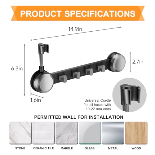 Shower Head Holder Suction Cup with 4 Hanger Hook Wall Mount - 2 in 1 Design - No-Drill Strong Adhesive Shower Wand Bracket - Adjustable Handheld Shower Head Mount - Gun Gray - color: Gun Gray