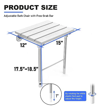 Folding Shower Seat, Wall Mounted Bathroom Safety Stool Chair with Support Legs, Foldable Wall Wood Shower Bench for Seniors (White)
