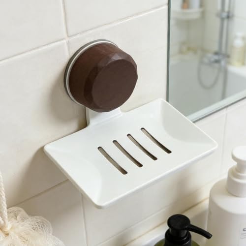 Self Draining Soap Dish with Suction Cup and Adhesive, Waterproof Wall Mounted Soap Holder, Drill-Free Sponge Tray for Shower Bathroom Kitchen (Creamy White) - color: Creamy White