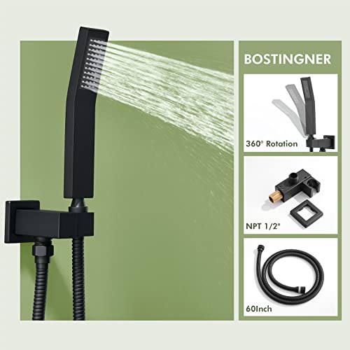 Shower System with Body Jets,Bostingner Shower Faucet Sets 12" Rain Shower Head with Handheld Spray, Can Use at Same Time, Push Button Diverter Shower Sets Complete, Matte Black - color: Matte Black, size: 12 Inch