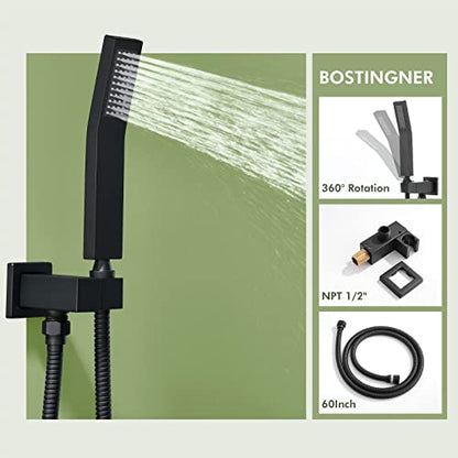 Shower System with Body Jets,Bostingner Shower Faucet Sets 12" Rain Shower Head with Handheld Spray, Can Use at Same Time, Push Button Diverter Shower Sets Complete, Matte Black - color: Matte Black, size: 12 Inch