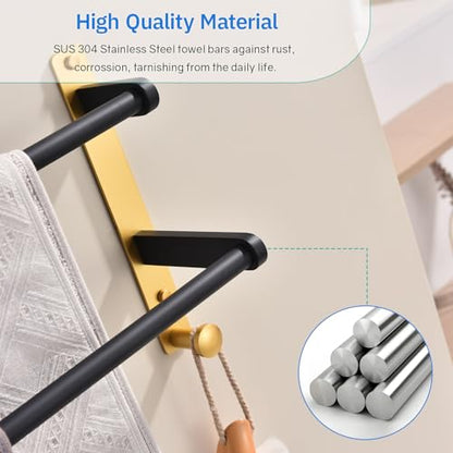 Double Towel Bar with Hooks, 30 Inch Long Towel Hanger - Stainless Steel Bathroom Towel Rack Wall Mounted, Black & Gold - color: Black & Gold, size: 30-Inch