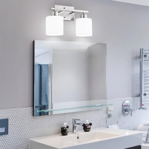 Brushed Nickel Bathroom Light, Anti-Rust Finish 2 Light Bathroom Vanity Light Brushed Nickel, Milky White Frosted Glass Shades, E26 Socket - color: Nickel & Milky White Glass, size: 2-Light