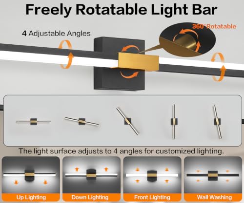 SOLFART Bathroom Lighting Fixtures Over Mirror 48 Inch: Black and Gold Dimmable Vanity Light, Built-in Dimmer, Thickened Aluminum Body, 360 Degree Rotation, ETL IP44 - color: Black Gold-6000K, 5-Step Brightness Control, size: 48 inch