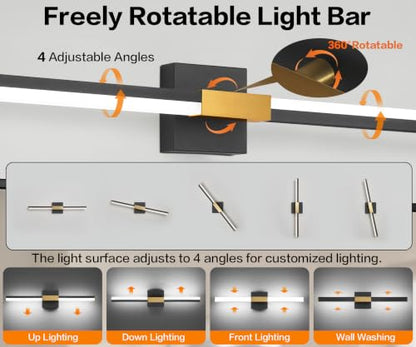 SOLFART Bathroom Lighting Fixtures Over Mirror 48 Inch: Black and Gold Dimmable Vanity Light, Built-in Dimmer, Thickened Aluminum Body, 360 Degree Rotation, ETL IP44 - color: Black Gold-6000K, 5-Step Brightness Control, size: 48 inch