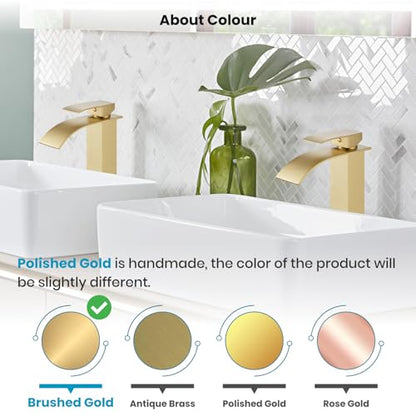 gotonovo Waterfall Tall Bathroom Faucet 1 Hole No Drain, Brushed Gold | Modern Vessel Sink Faucet Single Handle 304 Stainless Steel,24” cUPC Supply Hoses,for Bowl Basin Lavatory Vanity Restroom RV - color: Gold