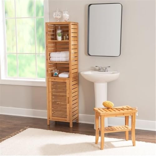 Tall Bamboo Cabinet, 6-Shelf Tower with Door, Natural Brown Finish, 61.75" H x 16.13" W x 11" D, Sturdy Linen Storage Organizer, Versatile Design for Bathroom or Home Use