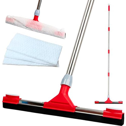 Floor Squeegee Scrubber with Extendable 62" Long Handle | 17.3" EVA Foam Blade, Reinforced Steel Frame for Garage, Concrete, Tile, Patio, Pool, Shower & Uneven Surface Cleaning