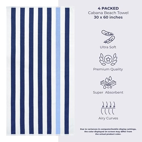 American Soft Linen Cabana Striped Beach Towels, 30x60 inch 4 Piece Oversize Pool Towels, Quick Drying Sand Free Swim Towels, Navy-Sky Blue - color: Navy Blue-sky Blue