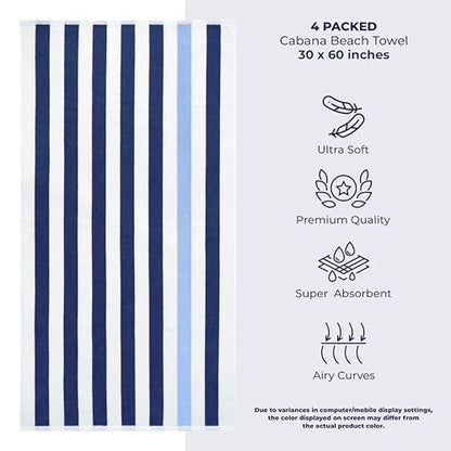 American Soft Linen Cabana Striped Beach Towels, 30x60 inch 4 Piece Oversize Pool Towels, Quick Drying Sand Free Swim Towels, Navy-Sky Blue - color: Navy Blue-sky Blue