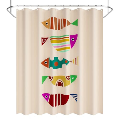 AmazerBath Fish Shower Curtain, Geometric Shaped Fish Bathroom Shower Curtain with 12 Shower Curtain Hooks, Rustic Fabric Shower Curtain Set, 72x72 Inches - color: B- Geometric Shaped Fish+12 Metal Hooks, size: 72"W x 72"L (Pack of 1)