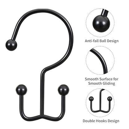 CHICTIE Black Shower Curtain Hooks, Double Shower Curtain Rings, Stainless Steel Shower Curtain Hooks Rings Rust Proof, Anti-Drop Shower Hooks Hangers for Shower Curtain Rods Bathroom (12 Pack) - color: Black