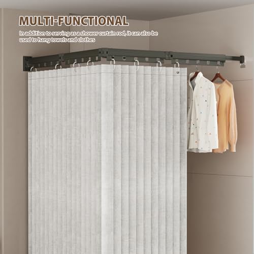 Wall Mount Folding Shower Curtain Rod, 62 Inches Adjustable Diamond Shaped Corner Shower Curtain Rod 90 Degrees for Bathroom, Laundry Room, Bathtub and more, Need to Drill