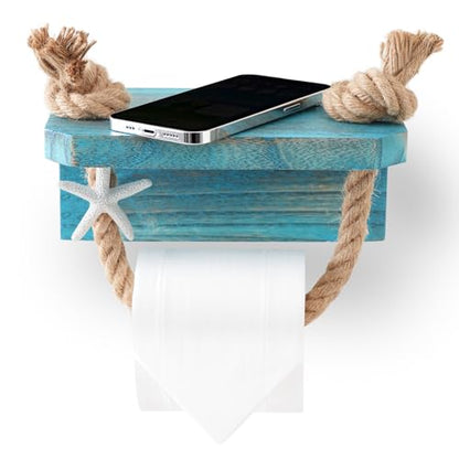 Nautical Rope Toilet Paper Holder Beach Farmhouse Bathroom Decor | Pre-Assembled Wall Mounted Coastal Ocean Starfish Rope Towel Rack Unique Tissue Roll Holder with Wood Shelf Blue - color: Rustic Sea Blue