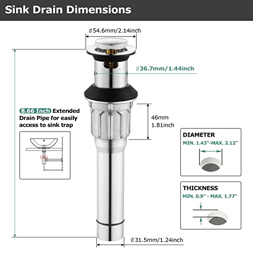 All Metal Bathroom Sink Drain with Overflow, Stainless Steel Pop Up Drain for Lavatory Vanity Vessel Sink, Chrome, 2108501 - color: Chrome, style: With Overflow