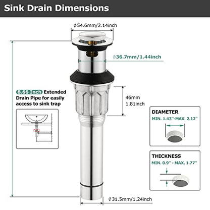 All Metal Bathroom Sink Drain with Overflow, Stainless Steel Pop Up Drain for Lavatory Vanity Vessel Sink, Chrome, 2108501 - color: Chrome, style: With Overflow