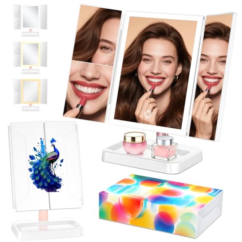 BERTHALESS Rechargeable Makeup Mirror with Lights, 14.4" L x 9.1" W Lighted Vanity Mirror Tabletop 3X/2X/1X Magnification - color: Peacock C