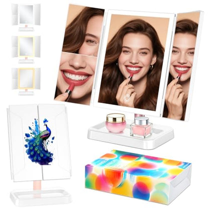 BERTHALESS Rechargeable Makeup Mirror with Lights, 14.4" L x 9.1" W Lighted Vanity Mirror Tabletop 3X/2X/1X Magnification - color: Peacock C