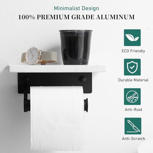Hoimpro Toilet Paper Holder Wall Mounted, Marble Tissue Roll Rack | Matte Black | White Natural Marble Shelf Hand Paper Roll Holder, for Bathroom Kitchen Washroom Bedroom Aluminum - color: Black
