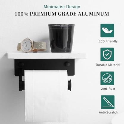Hoimpro Toilet Paper Holder Wall Mounted, Marble Tissue Roll Rack | Matte Black | White Natural Marble Shelf Hand Paper Roll Holder, for Bathroom Kitchen Washroom Bedroom Aluminum - color: Black