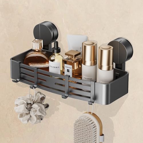 Suction Cup Shower Caddy Without Drilling | 4 Hooks, 32 cm Length, 10 kg Load Capacity, 1-Minute Installation | Removable and Rust-Free Shower Shelf