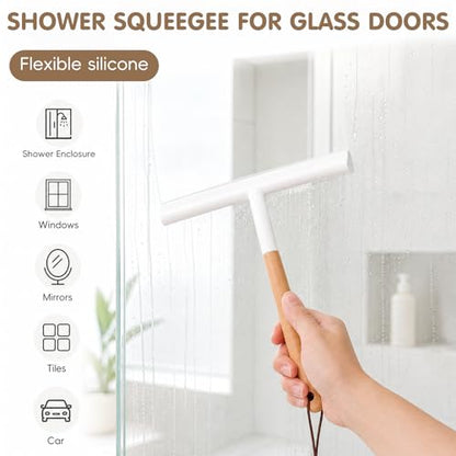 NUOBESTY Shower Squeegee for Glass Doors, Wood Handle White Silicone Wiper | 10" Streak-Free Blade with an Aesthetic Natural Grip. Includes Suction Cup & Over-Door Hook for Bathroom Mirrors & Tiles