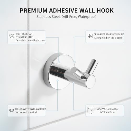 Wall Hook Stainless Steel Adhesive Mount for Bathroom Tile and Glass, Drill-Free Holder for Wet Towels and Robes (1 Piece) - size: 2.64 x 1.97 x 1.65 in