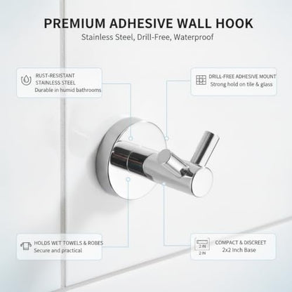 Wall Hook Stainless Steel Adhesive Mount for Bathroom Tile and Glass, Drill-Free Holder for Wet Towels and Robes (1 Piece) - size: 2.64 x 1.97 x 1.65 in