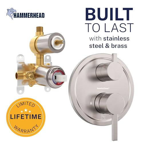 HammerHead Showers Solid Metal Two Handle Shower Valve and Trim Kit Brushed Nickel, Diverts Water Controls Volume and Temperature, Rough-In Shower Trim Kit with Valve and Pressure Balance Shower Valve - color: Brushed Nickel