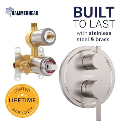 HammerHead Showers Solid Metal Two Handle Shower Valve and Trim Kit Brushed Nickel, Diverts Water Controls Volume and Temperature, Rough-In Shower Trim Kit with Valve and Pressure Balance Shower Valve - color: Brushed Nickel