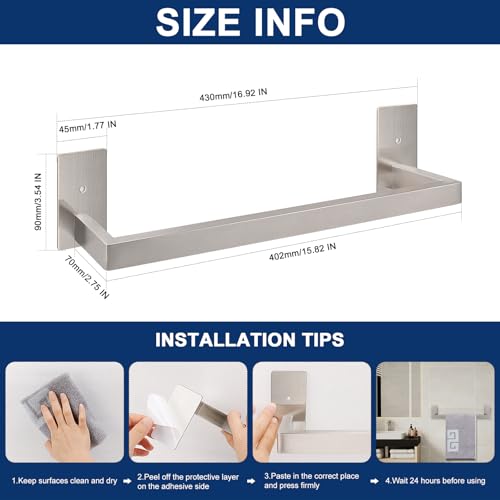 NearMoon Self Adhesive Bathroom Towel Bar, Stainless Steel Square Bath Wall Shelf Rack Hanging Towel Stick On Sticky Hanger Contemporary Style, Towel Rack Wall Mounted (16 Inch, Brushed Nickel) - color: Brushed Nickel, size: 16 Inch