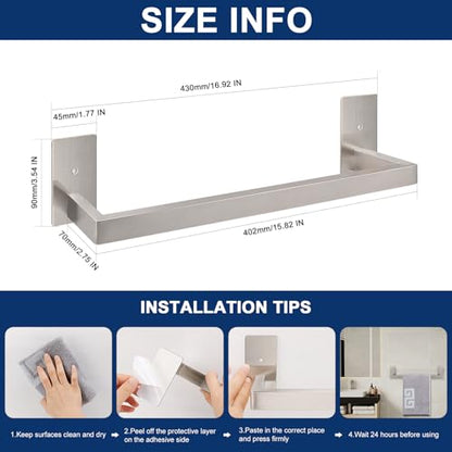 NearMoon Self Adhesive Bathroom Towel Bar, Stainless Steel Square Bath Wall Shelf Rack Hanging Towel Stick On Sticky Hanger Contemporary Style, Towel Rack Wall Mounted (16 Inch, Brushed Nickel) - color: Brushed Nickel, size: 16 Inch