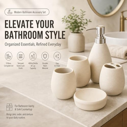 Bathroom Ceramic Accessories Set, 5 Piece Bathroom Set with Including Soap Dispenser, Mouthwash Cup, Soap Dish, Toothbrush Holder (White) - color: White
