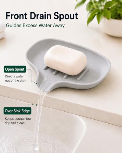 3 Pack Silicone Soap Dish with Drain, Bar Soap Holder for Shower/Bathroom, Self Draining Waterfall Soap Tray/Saver for Kitchen, Keep Soap Dry, Easy to Clean - color: White, Grey, Green