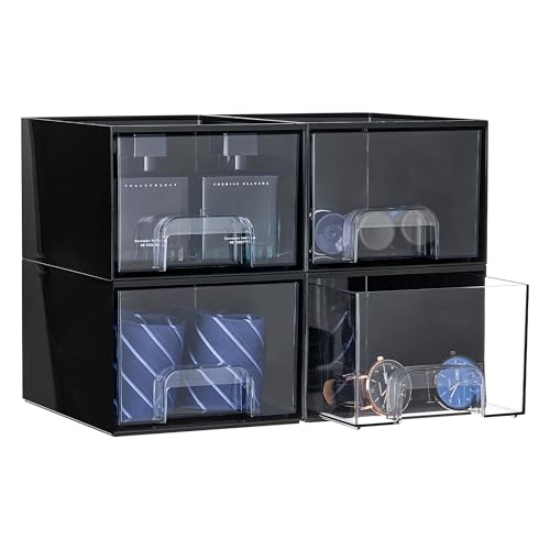 Vtopmart Black Small Stackable Storage Drawers, Cologne Organizer for Men,Plastic Containers for Vanity, Dresser,Office Desk,Bathroom Countertop Organization,Ideal for Room Decor - style: 4pack-Black