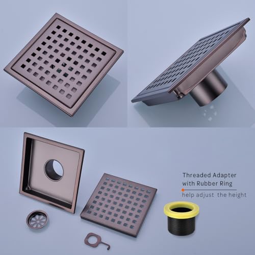 6 inch Stainless Steel Square Shower Floor Drain with Threaded Adapter, Removable Cover Grid Grate, Brushed Bronze Finished - color: Brushed Bronze