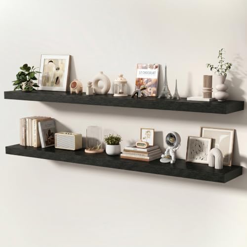 Floating Shelves for Wall, 72 Inch x 8 Inch Deep Wall Mounted Wood Shelf with Invisible Brackets for Storage & Display, Living Room Bedroom Kitchen, Black, Set of 2 - color: Black, size: 72 Inch, Set of 2