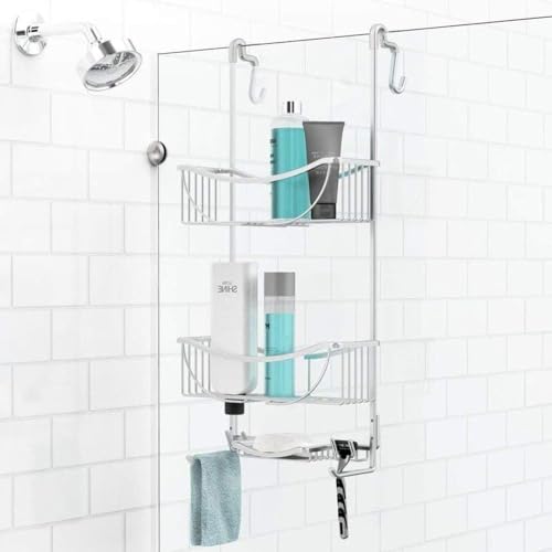 Better Living Products 13634 VENUS 3-Tier Over the Shower Door Caddy, Grey | Rustproof Aluminum Shower Door Organizer, 2 Large Baskets, Built-in Storage Hooks & Soap Dish, Suction Cups, No Drill