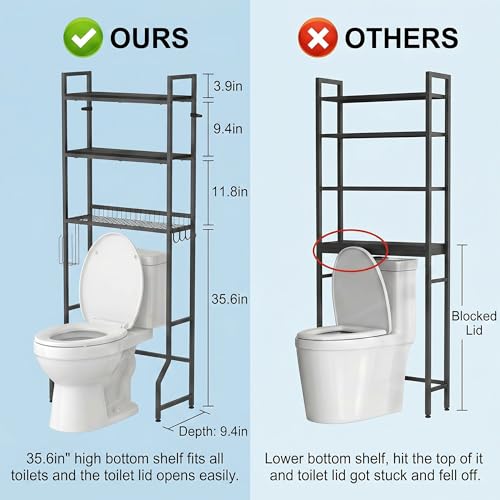 Over The Toilet Storage 3 Tier Over Toilet Bathroom Organizer | Over the Toilet Storage Cabinet, Freestanding Above Toilet Stand, with Paper Holder and 4 Hooks, Space-Saving, Black - color: Black
