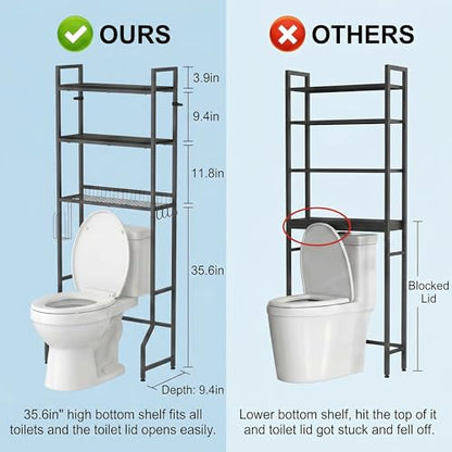 Over The Toilet Storage 3 Tier Over Toilet Bathroom Organizer | Over the Toilet Storage Cabinet, Freestanding Above Toilet Stand, with Paper Holder and 4 Hooks, Space-Saving, Black - color: Black
