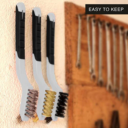 Wire Brush Set 3Pcs - Nylon/Brass/Stainless Steel Bristles with Curved Handle Grip for Rust, Dirt & Paint Scrubbing with Deep Cleaning – 7 Inches (Grey) - color: Gray