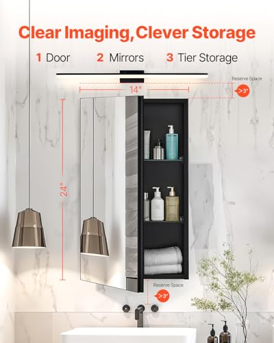 VEVOR Medicine Cabinet, 14 x 24 inches, Medicine Cabinet for Bathroom with Mirror, Aluminum Frame Bathroom Wall Cabinet, 2-Layer Adjustable Shelves, Recessed & Wall-Mounted Installation - size: 14x24in