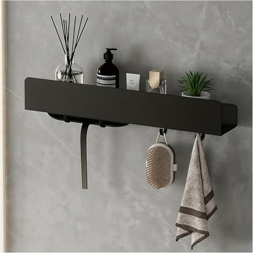 REKITA No Drill Shower Shelf Organizer, 40cm Stainless Steel Bathroom Storage with 4 Removable Hooks, Adhesive Wall Mounted Shower Caddy, Rustproof Bath Shelf for Bathroom Kitchen Living Room - color: Black