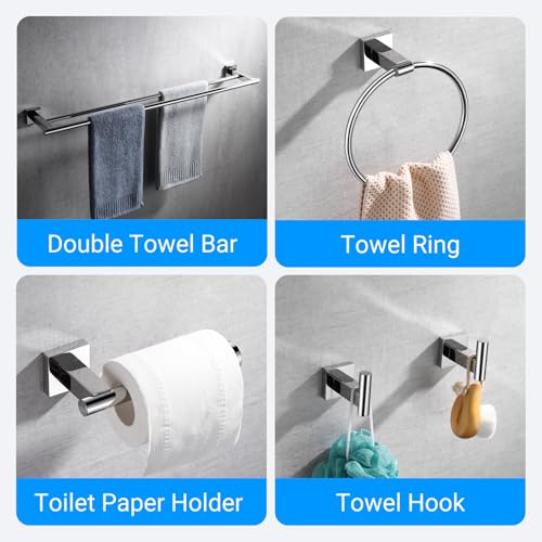 Miyili SUS304 Stainless Steel 5-Piece Bathroom Accessories Set with 30" Double Towel Bar, 5" Toilet Paper Holder, Towel Ring, 2 x Robe Hooks Bath Hardware Kit Wall Mount, Poilshed - color: Polished