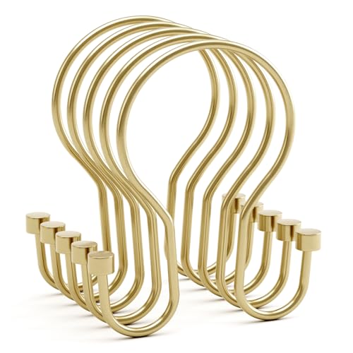 AmazerBath Shower Curtain Hooks, Shower Curtain Rings with Cylindrical Design, Light Gold Shower Curtain Hooks Rust Proof, Metal Double Hook Shower Hooks for Shower Curtain - color: Light Gold, style: Double Shower Hooks