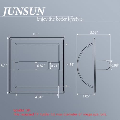 JunSun Recessed Toilet Paper Holder Brushed Nickel Stainless Steel Toilet Paper Roll Holder Tissue Holder Modern Tissue Roll Holder 6" X 6" Square Jumbo Mega Roll Holder Rear Mounting Bracket Included - color: Brushed Nickel