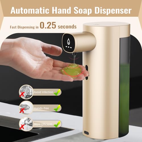 Automatic Liquid Soap Dispenser Touchless, USB Rechargeable Smart Hand Soap Dispenser, 13.5oz/400ml, 3-Level Adjustable, Compatible with Thick Thin Dish Soap for Bathroom Kitchen, Clog-Free (Gold) - color: Gold