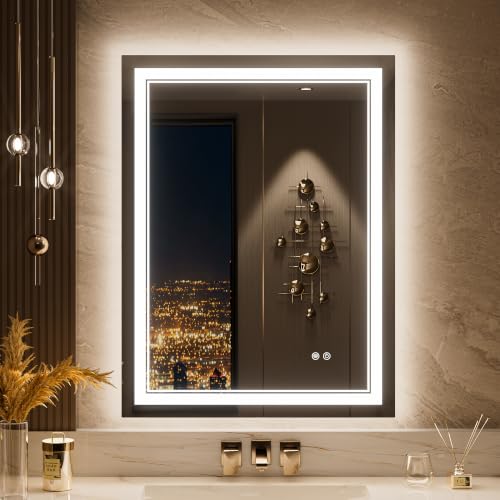 Keonjinn LED Mirror 24 x 32 Inch, Lighted Bathroom Vanity Mirror for Wall, Fronlit Only, HD Tempered Glass, UL-Listed LED Driver, Anti-Fog, Dimmale 6000K, Easy Installation(Horizontal/Vertical) | Fast & Safe Defogging, 3 Color Dimmable Lights, Hardwired/P
